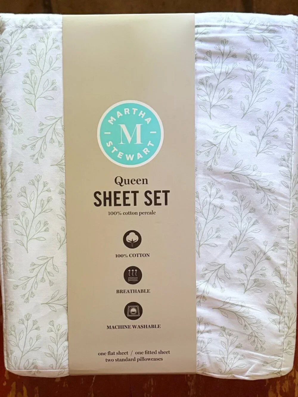 Martha Stewart Queen Size GRACIE FLORAL GREEN Cotton Percale Sheet Set